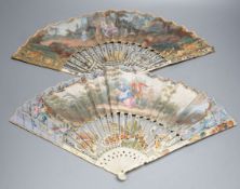 Two late 18th/early 19th century French gilded and silvered ivory and painted paper leaf fans