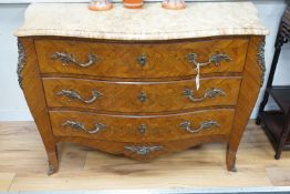 A Louis XV style marquetry inlaid kingwood serpentine marble topped bombe commode, width 120cm,