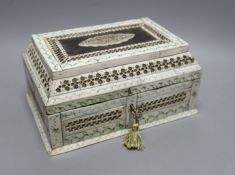 A 19th century Indian bone and ivory veneered sewing casket - 12cm tall
