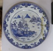 An 18th century Chinese export blue and white charger a.f.55cms diameter