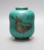 Willhelm Kage for Gustavsberg, a Swedish green glaze ‘Argenta’ ware vase, numbered 1079.1, 12cm