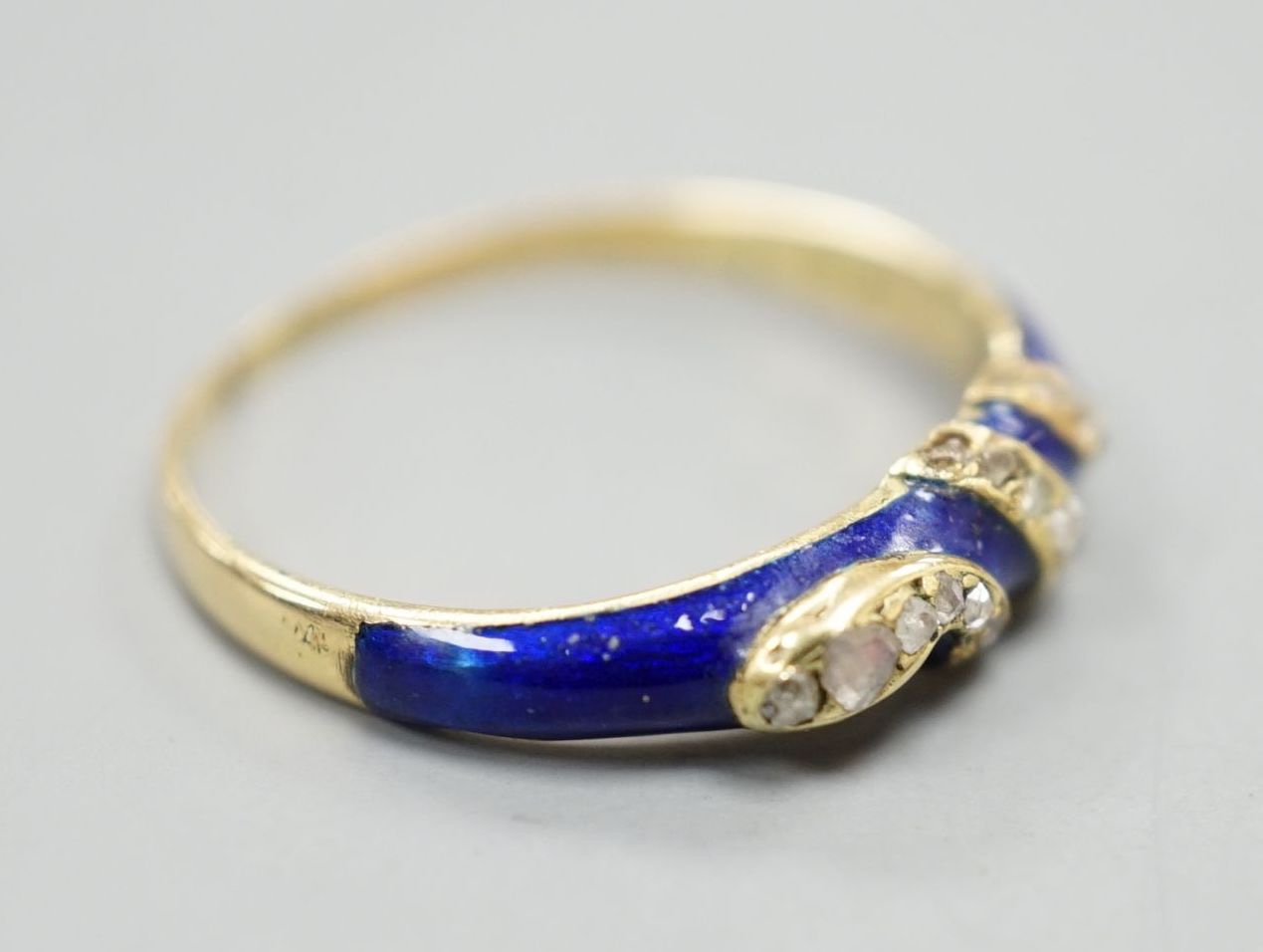 A late Victorian yellow metal, blue enamel and rose cut diamond set serpent ring, size O, gross - Image 3 of 4