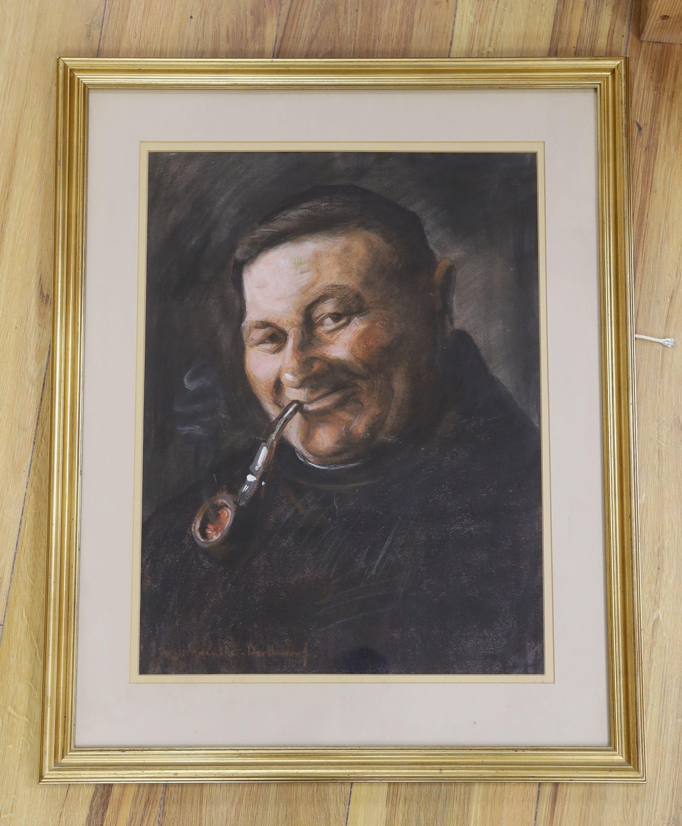 Max Gunther, pastel, Monk smoking a pipe, signed, 46 x 35cm - Image 2 of 3
