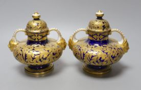 A pair of Derby vases and covers, 13cm