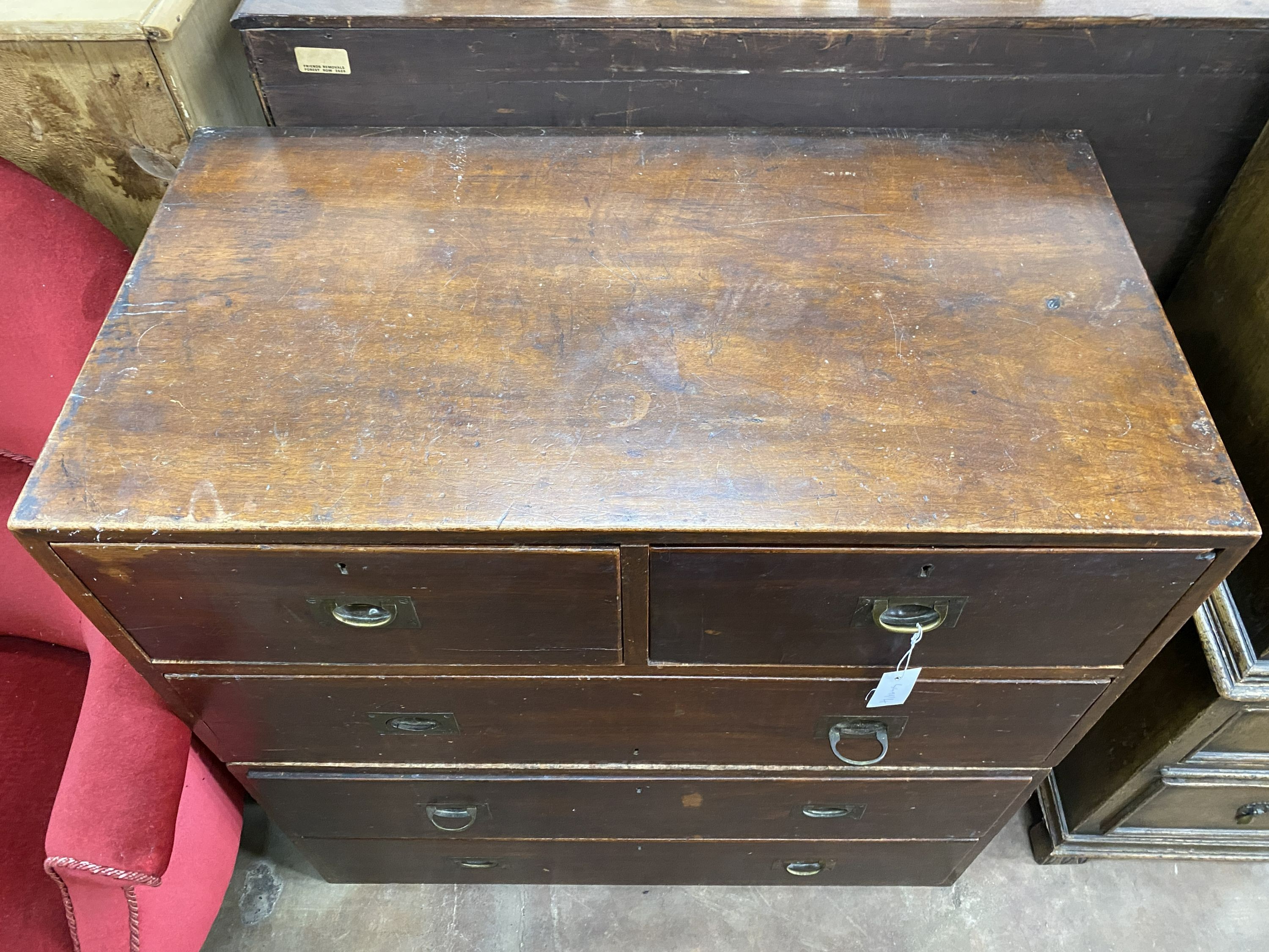 A 19th century two part teak military chest, width 91cm, depth 49cm, height 91cm - Image 2 of 2
