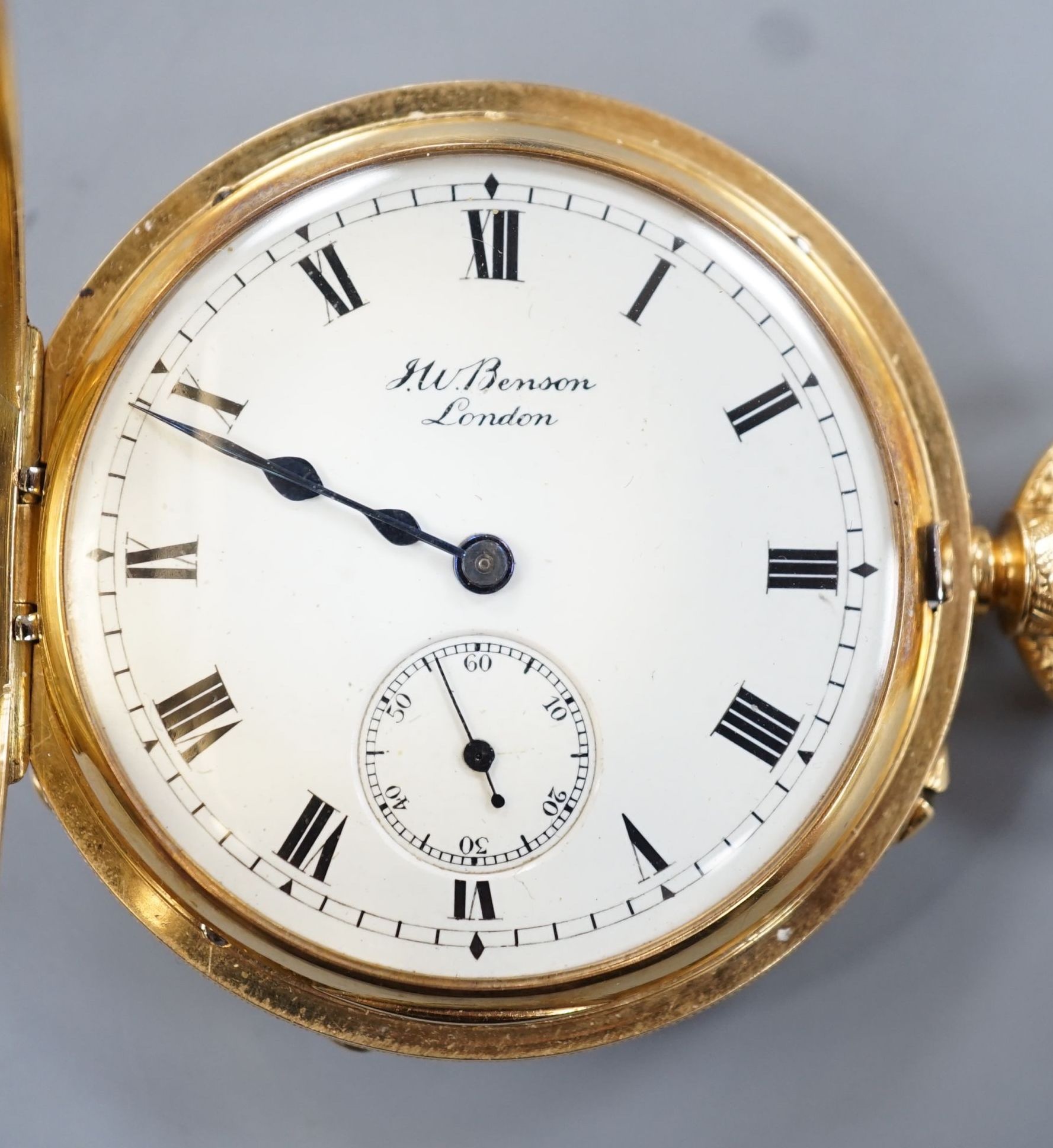 An Edwardian engraved 18ct gold half hunter keyless pocket watch, by J.W. Benson, with Roman dial - Image 3 of 3