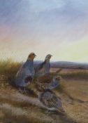 Philip Rickman (1891-1982), watercolour and gouache, 'Evening', partridges in a landscape, signed