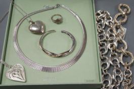 Assorted modern sterling jewellery, including large link necklace, smaller necklaces, bangle, ring