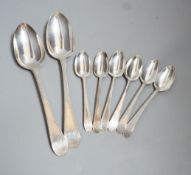 A set of silver George III bright cut engraved silver Old English pattern teaspoons, by Hester