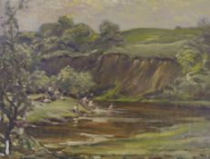 Hector Chalmers (1849-1943), oil on board, 'The Bathing Pool 1937', signed, with label verso, 32 x