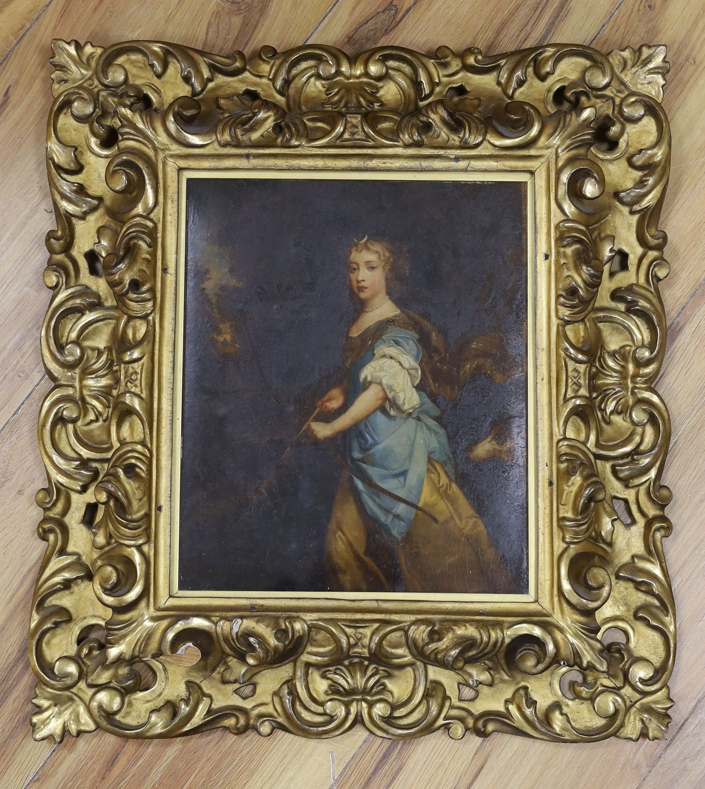 After Peter Lely, overpainted print, Jane Kelleway as Diana holding a bow, 27 x 23cm, in ornate - Image 2 of 2