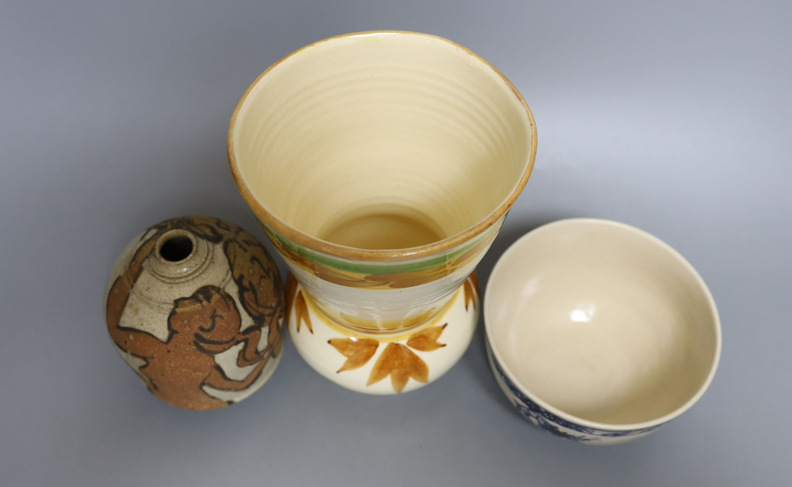 Three pieces of Yolande Beer pottery, to include a vase, ‘griffin’ bowl and a stoneware figural - Image 3 of 4