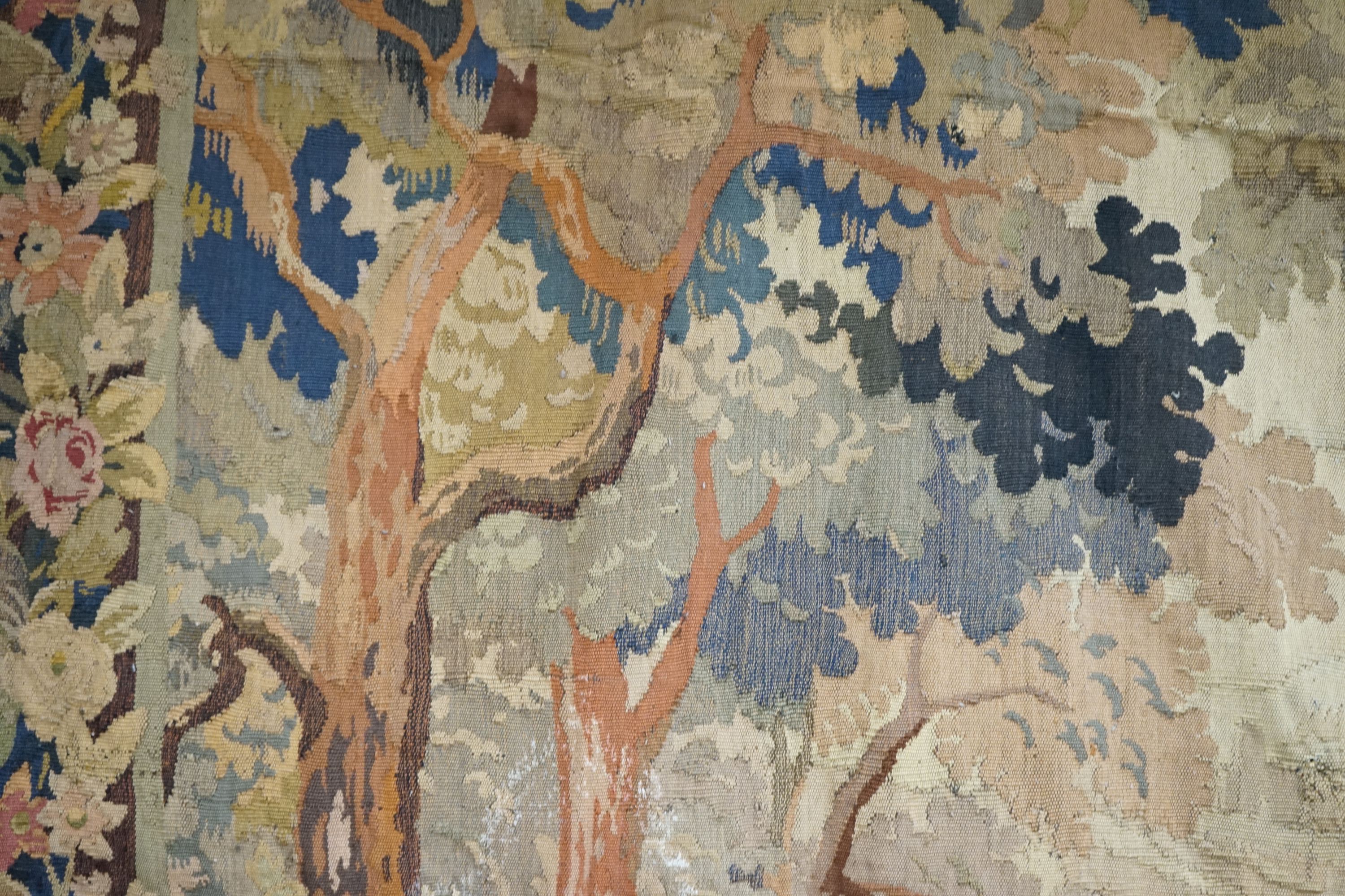 A late 19th / early 20th century French tapestry depicting a woodland scene with trees and flowers - Image 3 of 9