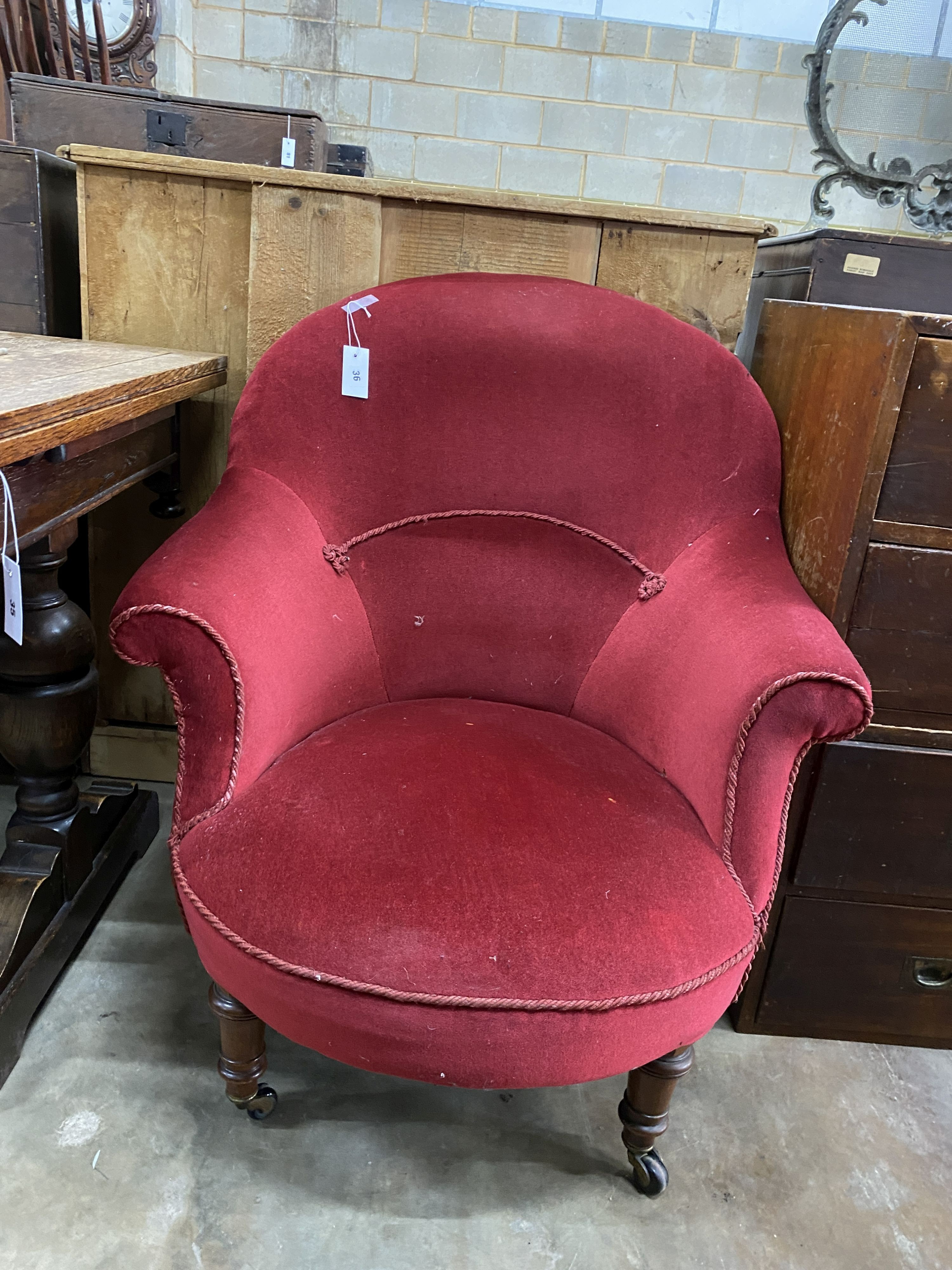 A late Victorian nursing chair upholstered in red dralon, width 78cm, depth 80cm, height 92cm - Image 2 of 2