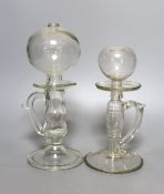 Two 19th century glass lacemaker's lamps - tallest 26cm