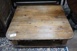 A French provincial rectangular pine coffee table, incorporating old timber, length 83cm, height