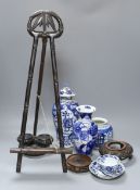 A Chinese Kangxi style teabowl and saucer, other oriental ceramics, carved hardwood easel, etc.