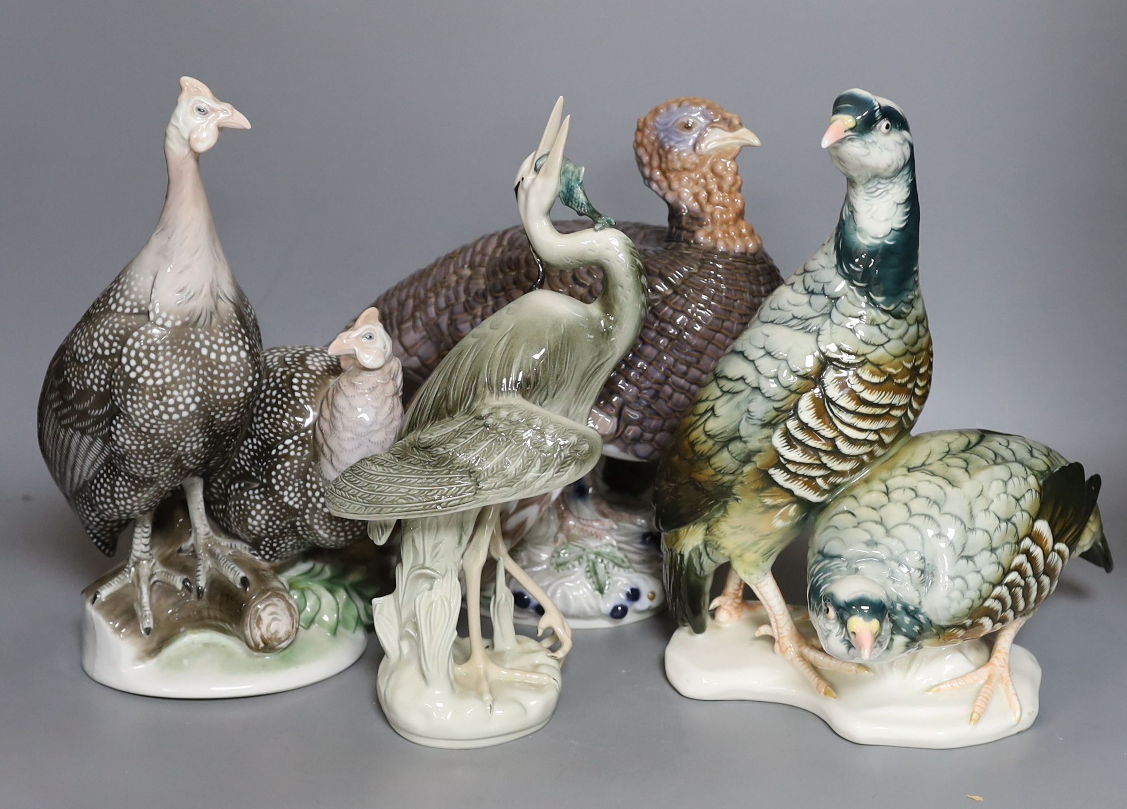 A Rosenthal porcelain model of two guinea fowl impressed model number 205, a Bing & Grondhal limited