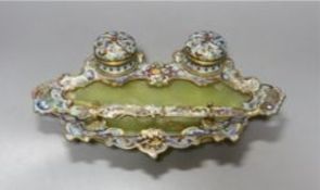 An onyx and champleve-enamel deskstand, with paper-knife, 27cm wide