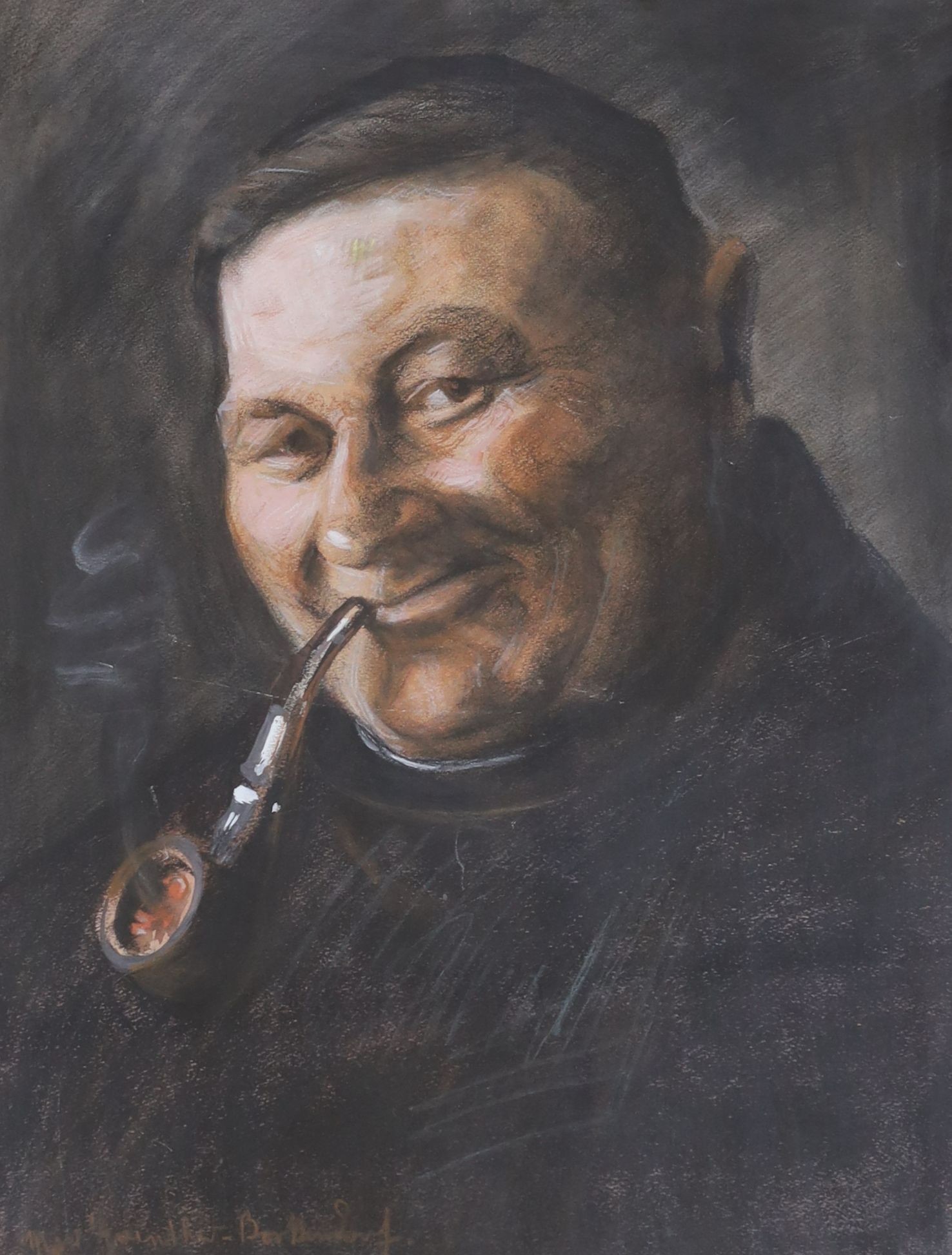 Max Gunther, pastel, Monk smoking a pipe, signed, 46 x 35cm