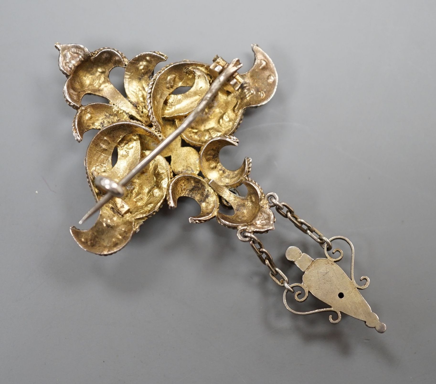 A 19th century Austro-Hungarian gilt white metal and semi-precious gem set drop brooch, 6cm. - Image 4 of 4