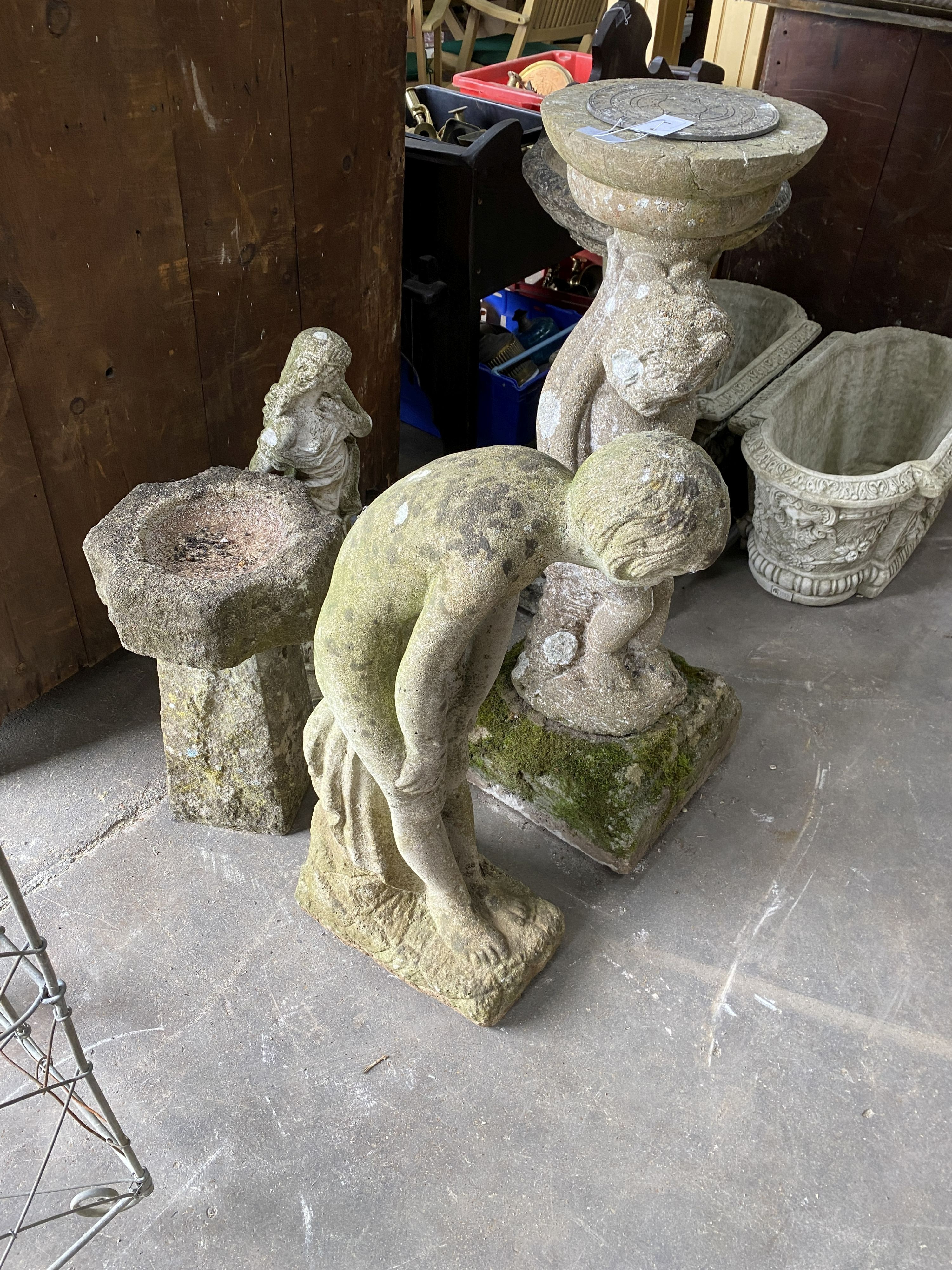 A reconstituted stone figural sundial, a female bather figure, bird bath and one other garden - Image 2 of 3
