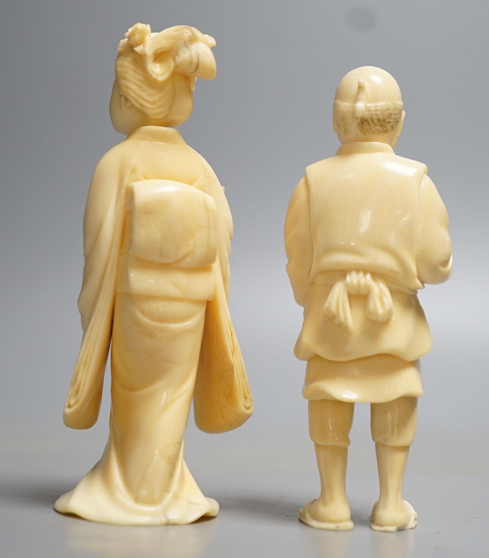 Two Japanese ivory figures of a man and a bijin, Meiji period, tallest signed to base, 10cm - Image 3 of 5