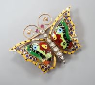A continental yellow metal, polychrome enamel, rose cut diamond and gem set butterfly brooch (a.f.),