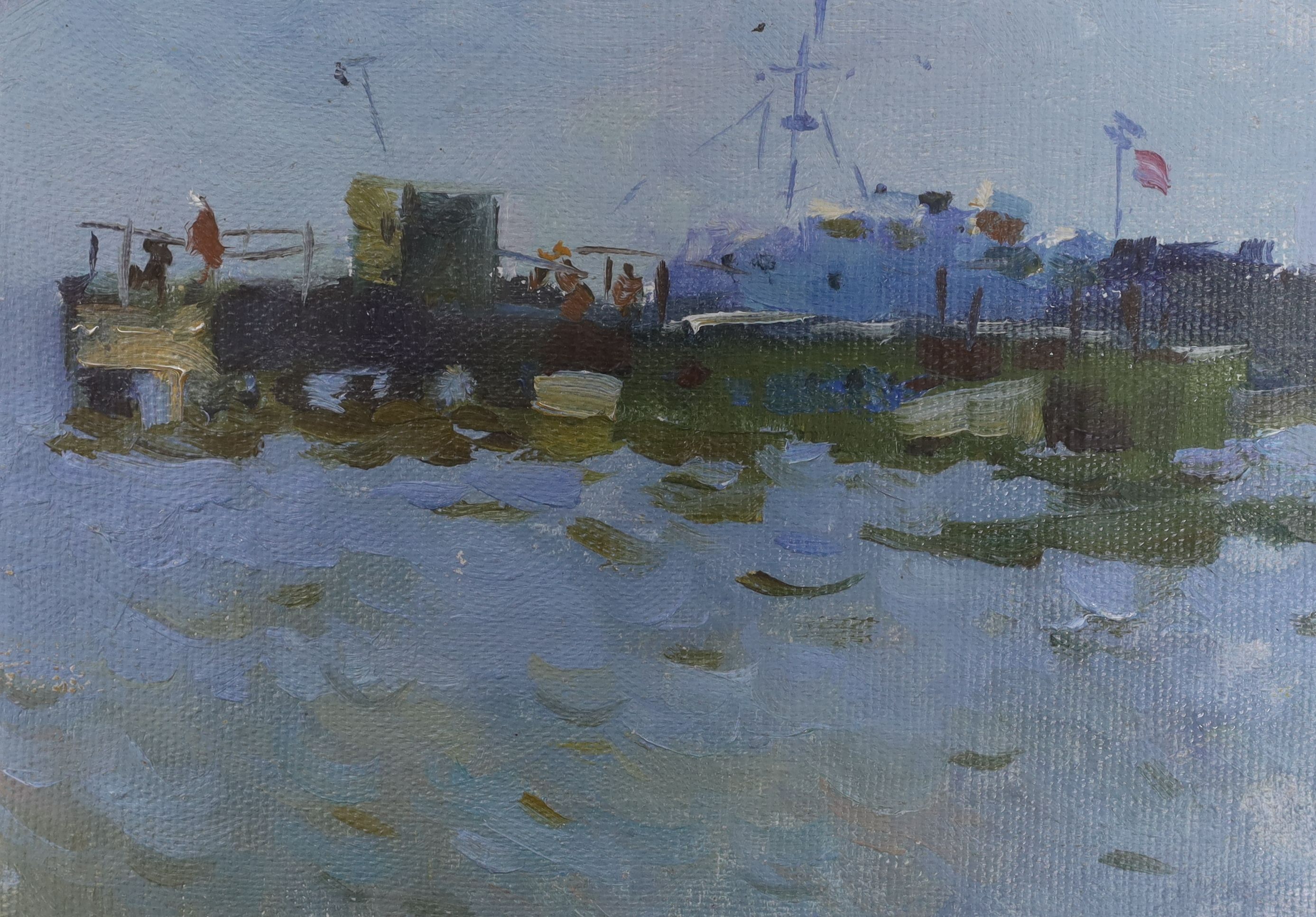 Modern School, oil on board, Eastern European dock scene, c.1900, 15 x 22cm