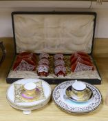 Lace-pattern ceramics including a cased coffee set and a pair of plates painted with named views