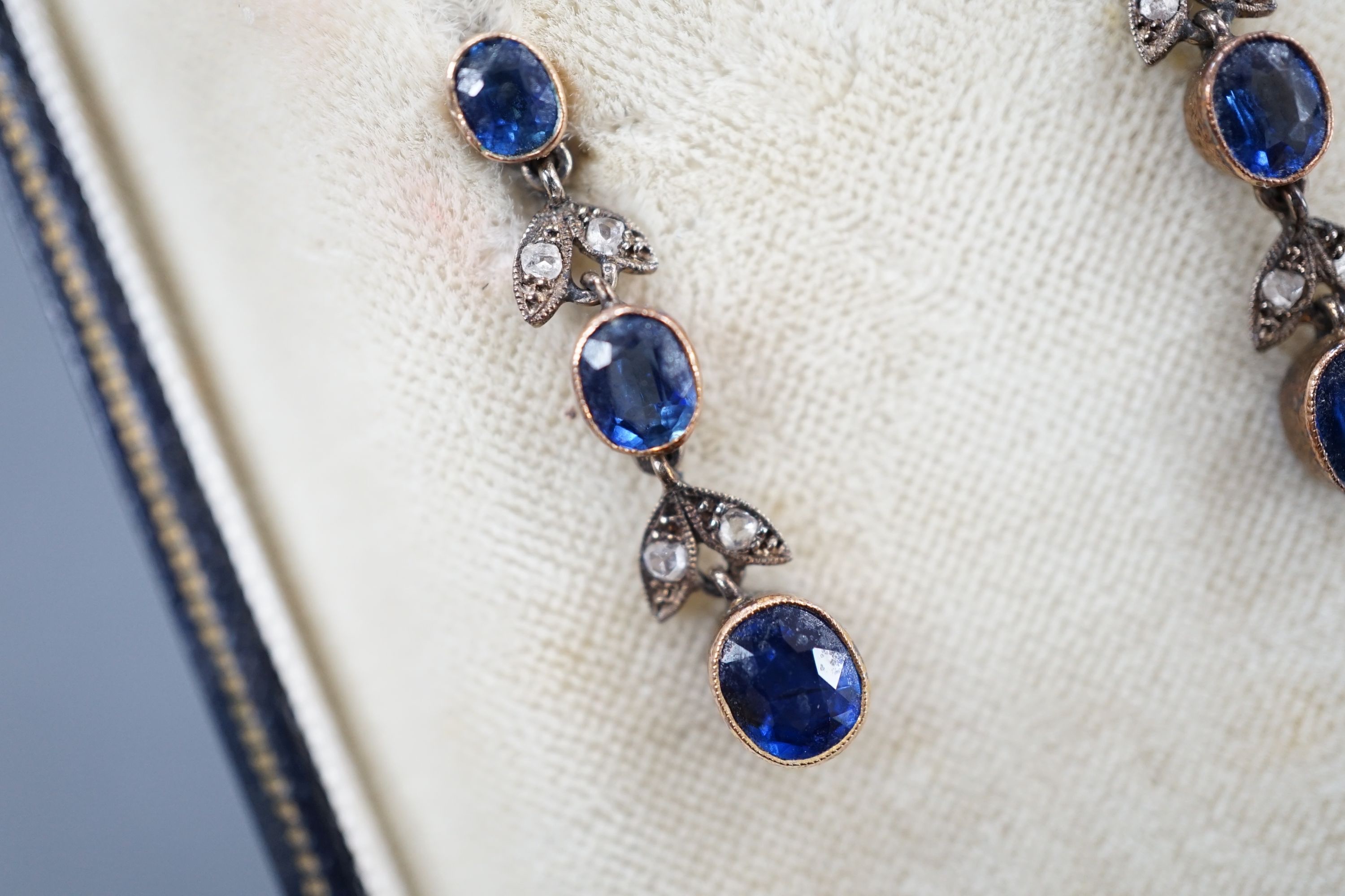 A pair of late Victorian 9ct, three stone sapphire and four stone rose cut diamond set drop - Image 3 of 3