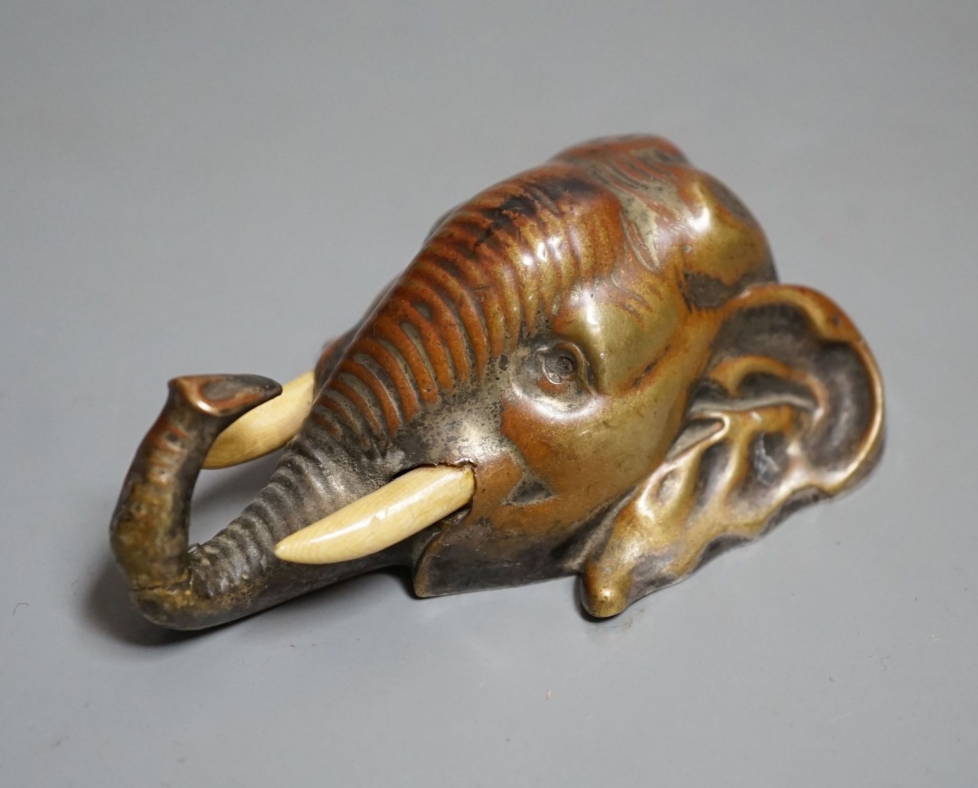 A bronze elephant head paperweight, early 20th century, with ivory inset tusks - 9cm high - Image 2 of 3