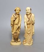Two ivory okimono figures of a fisherman and another, marked to base - tallest 21cm