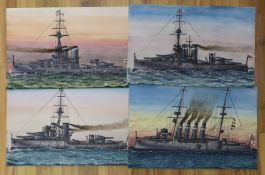 James Scott Maxwell (1845-1922), four watercolours, Studies of battleships, signed and dated 1909-