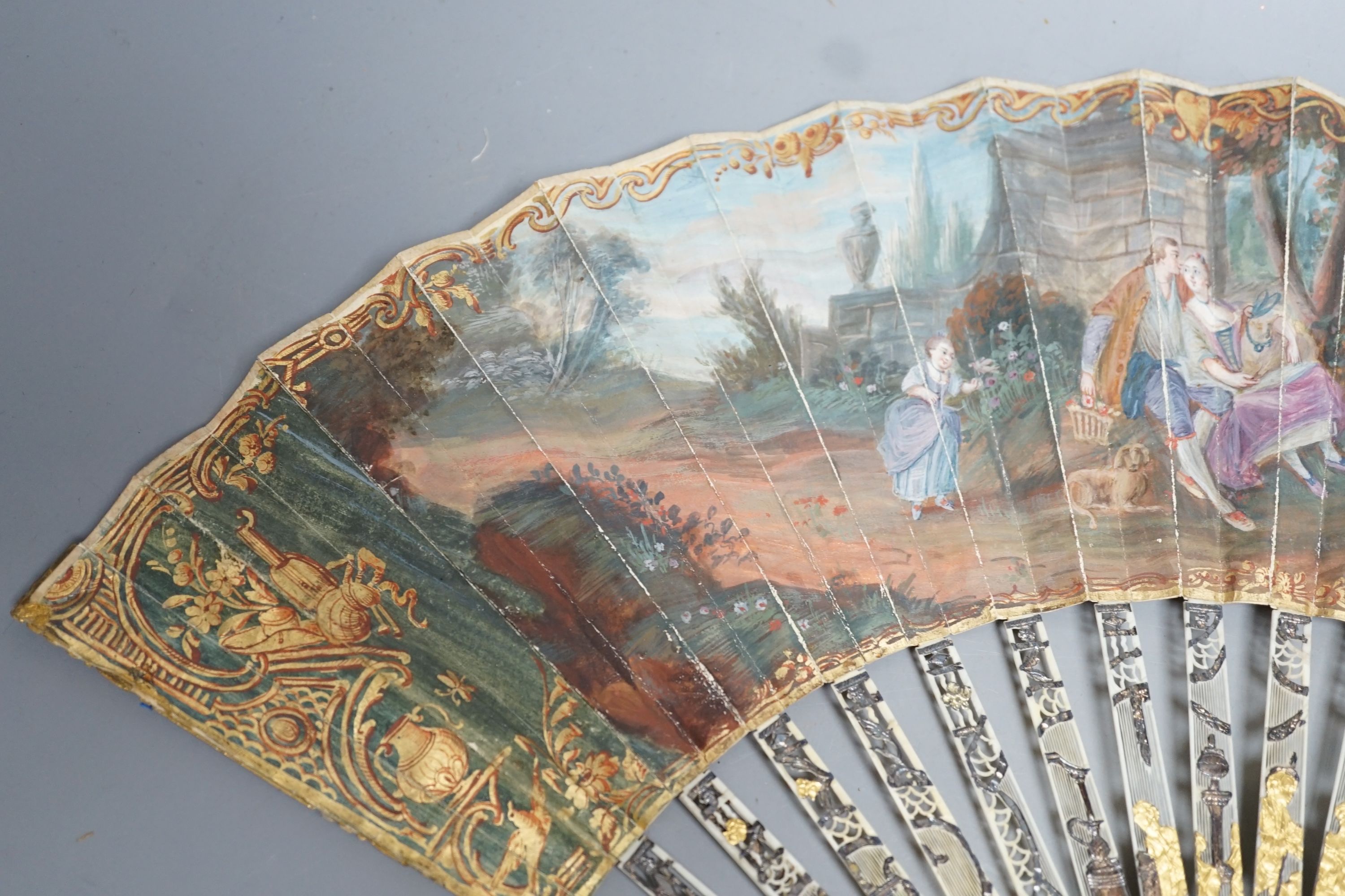 Two late 18th/early 19th century French gilded and silvered ivory and painted paper leaf fans - Image 5 of 9