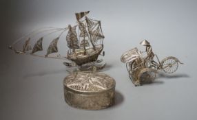 A Chinese filigree white metal model of a ship, length 19cm, a similar model of a rickshaw with