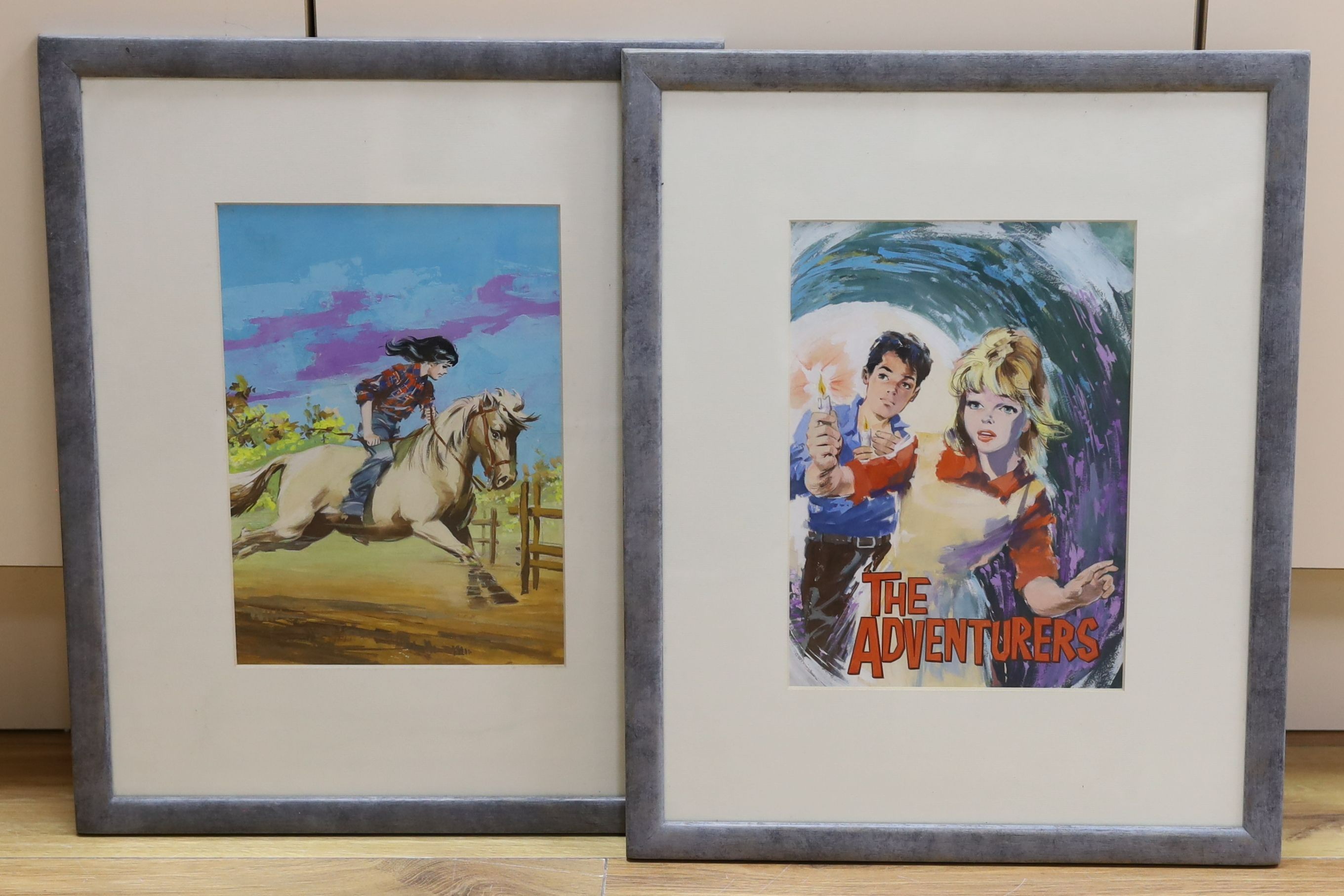 Two original children's magazine illustrations ‘The Adventurers’ and another, gouache on board,