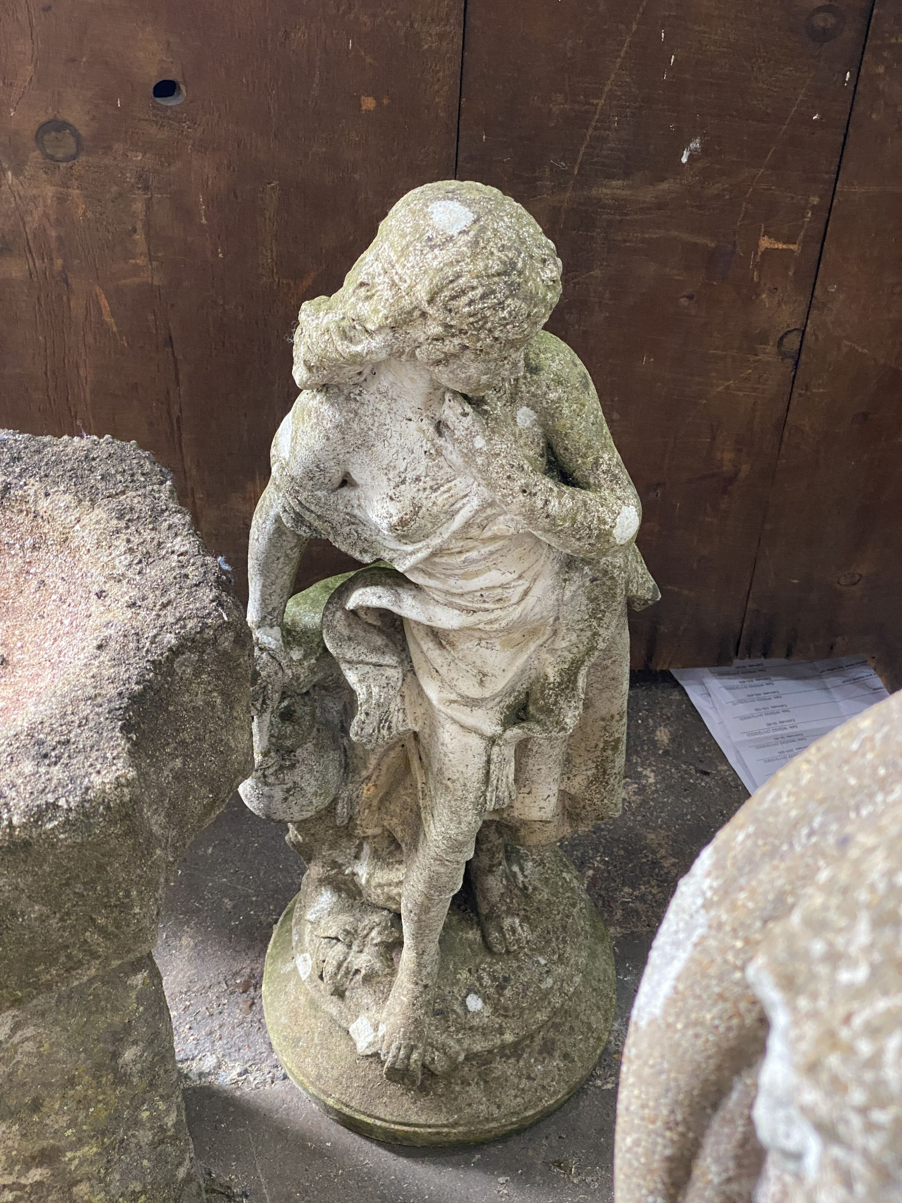 A reconstituted stone figural sundial, a female bather figure, bird bath and one other garden - Image 3 of 3