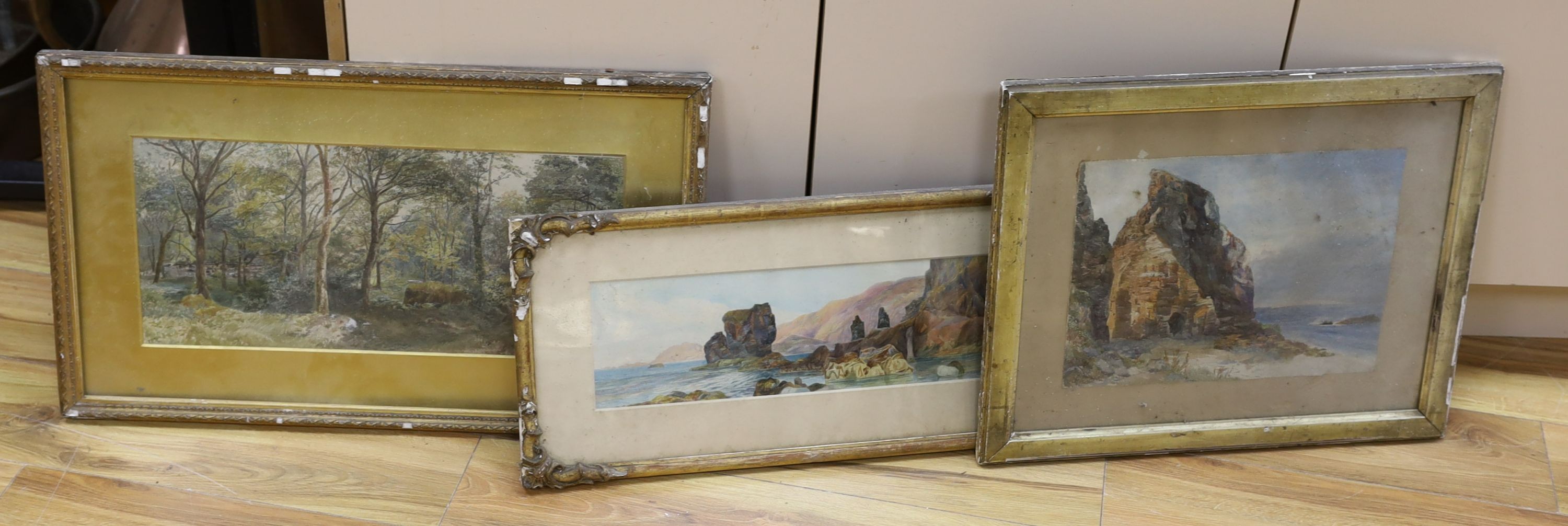 F.E. Thomas (19th C.), three watercolours, 'In a wood, Clackford, South Devon', 'Les Autelets, Sark'