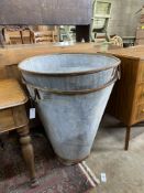 A pair of large vintage galvanised iron handled hoppers, diameter 69cm, height 75cm