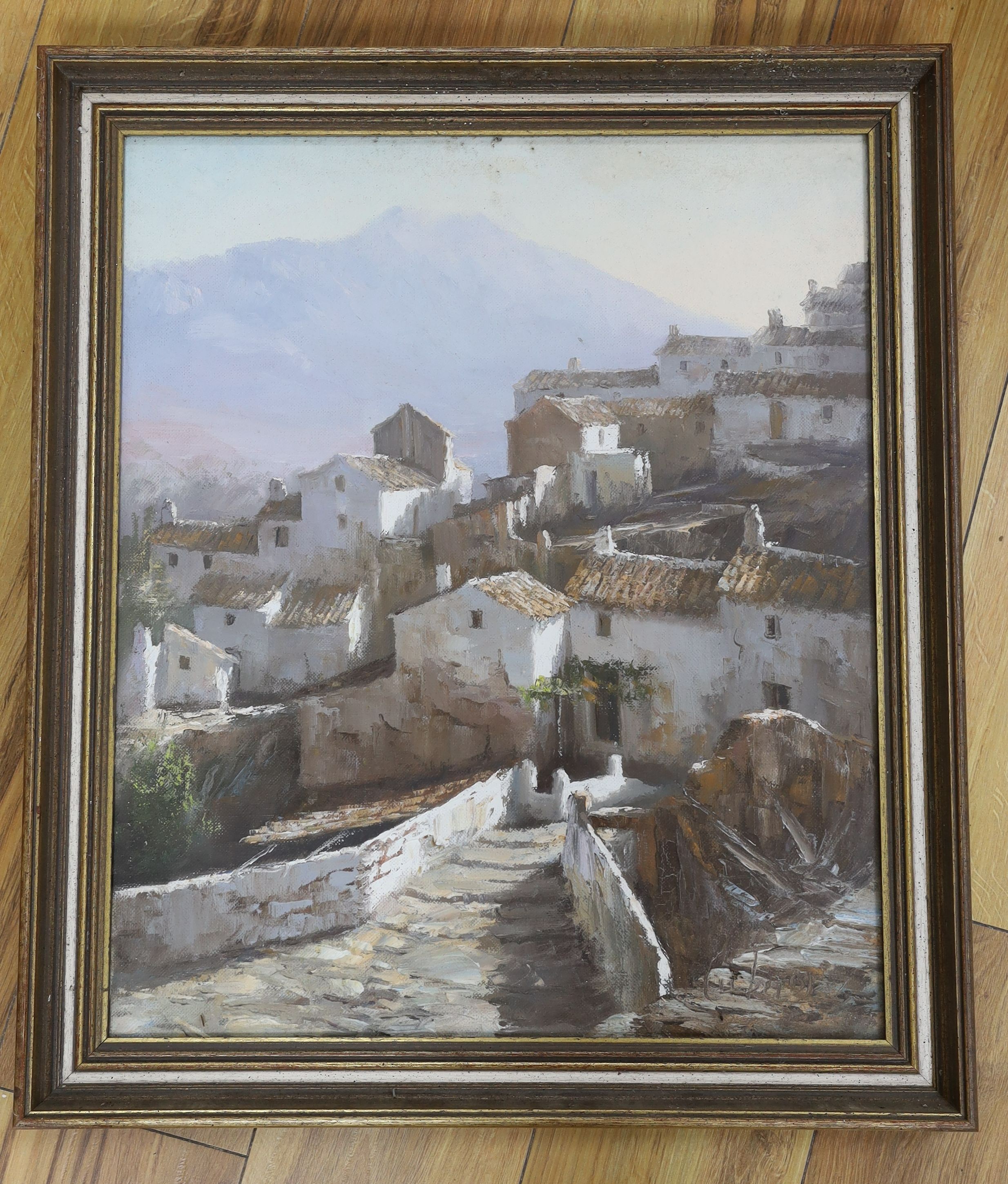 Manuel Cuberos (1933-), oil on canvas, View of a Spanish village, signed, 54 x 45cm - Image 2 of 4