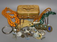 A 19th century calf skin and cut steel mounted trinket box and assorted costume jewellery, including