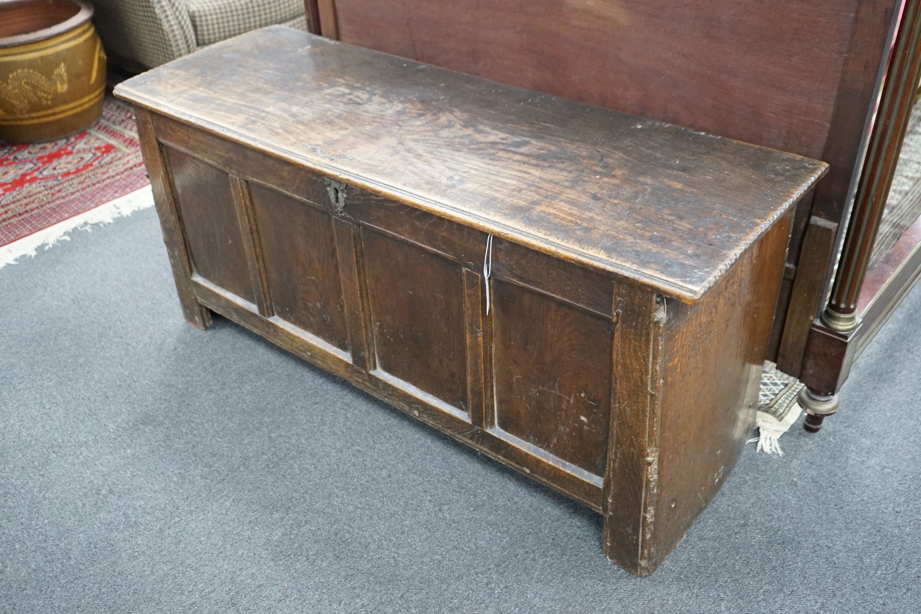 An 18th century panelled oak coffer, length 133cm, depth 46cm, height 59cm - Image 2 of 2