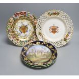 A Dresden armorial ribbon plate, two Sevres style plates and a Capodimonte style plate, late 19th/