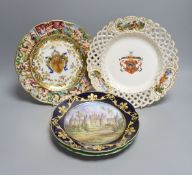 A Dresden armorial ribbon plate, two Sevres style plates and a Capodimonte style plate, late 19th/