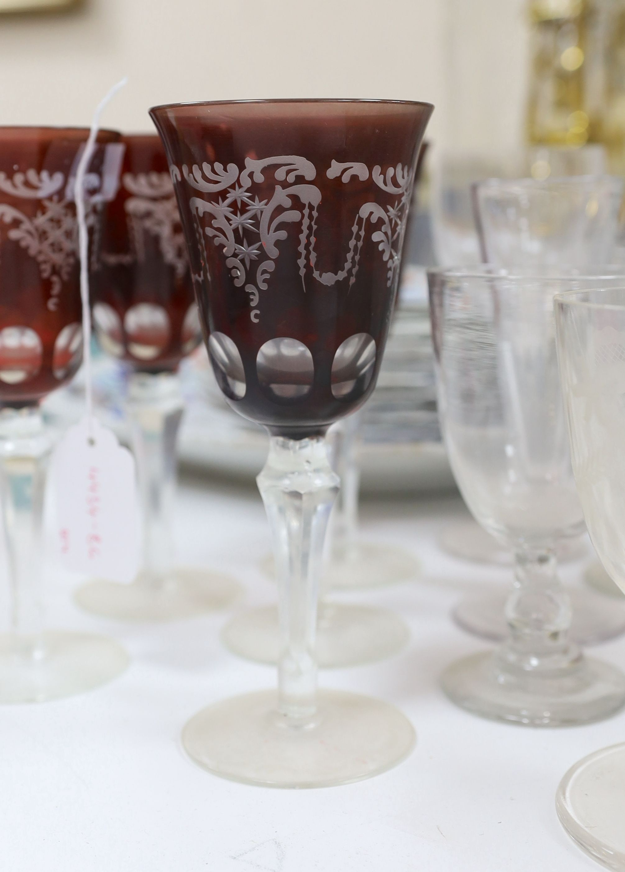A collection of mostly 19th century rummers and ruby etched glass wine glasses, flutes etc. - Image 3 of 5