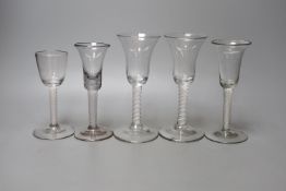 Three George lll opaque twist glasses, tallest 16cm, and two similar Dutch soda glasses