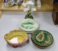 Two pairs of majolica dishes, three others, posy vase