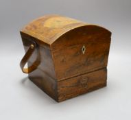 A Regency inlaid mahogany domed topped sewing box, with swing handle over - 23cm high
