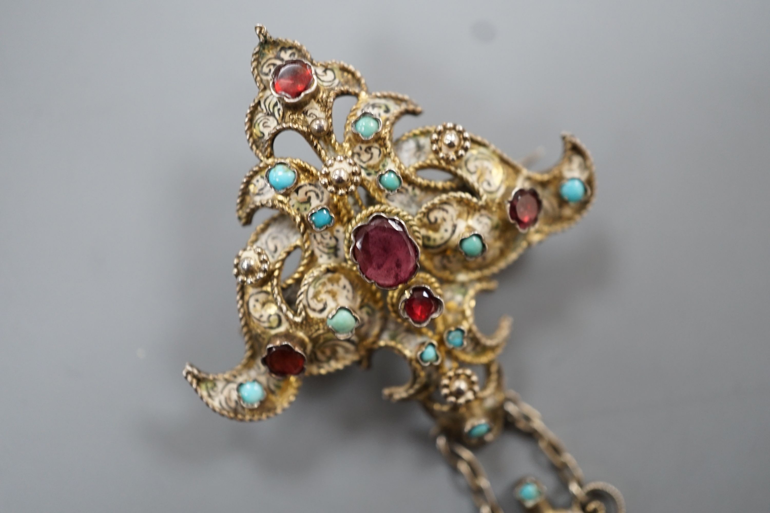 A 19th century Austro-Hungarian gilt white metal and semi-precious gem set drop brooch, 6cm. - Image 2 of 4